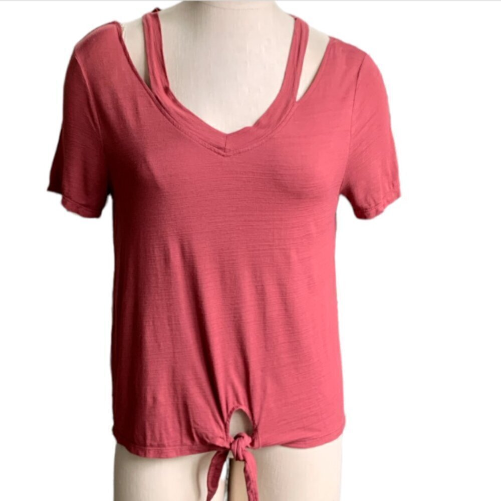 Takara Sβ Rose Pink Tie Waist Cutout Neck Short Sleeve Tee Top 39F